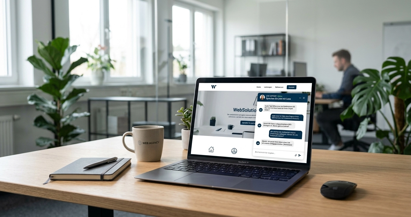 KI-Chatbot-Fenster auf einer Unternehmenswebsite im Gespräch mit einem Kunden