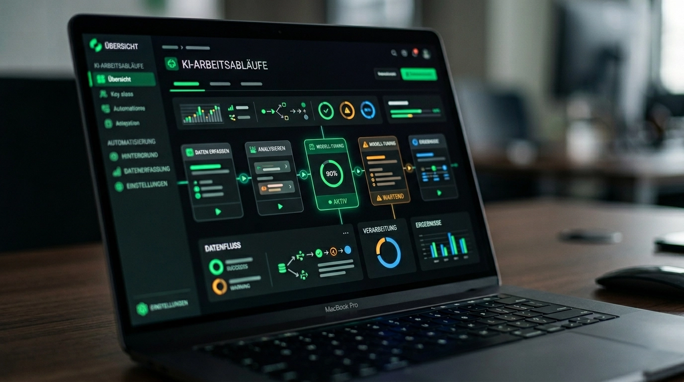 KI-Tool-Interface auf einem Laptop-Bildschirm mit automatisierten Workflows f&uuml;r ein kleines Unternehmen