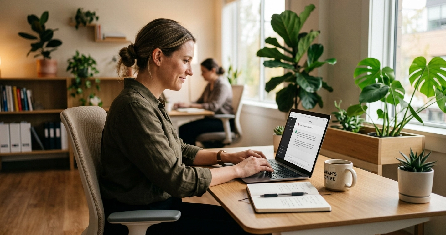 Kleinunternehmer nutzt KI-Tool am Laptop f&uuml;r professionellen Auftritt