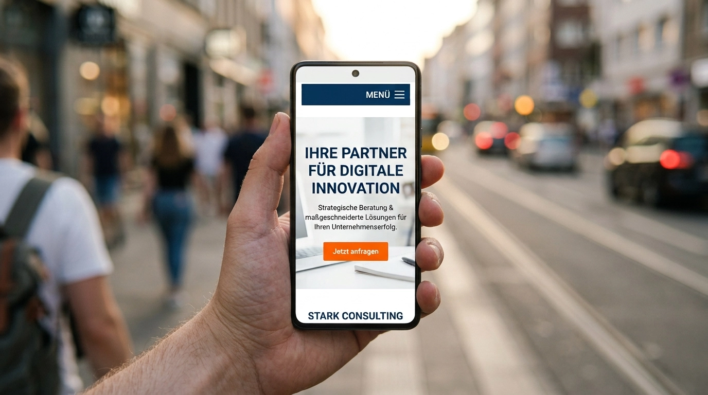 Smartphone zeigt eine professionelle mobile Website eines lokalen Unternehmens mit klarem Menü und Kontaktbutton