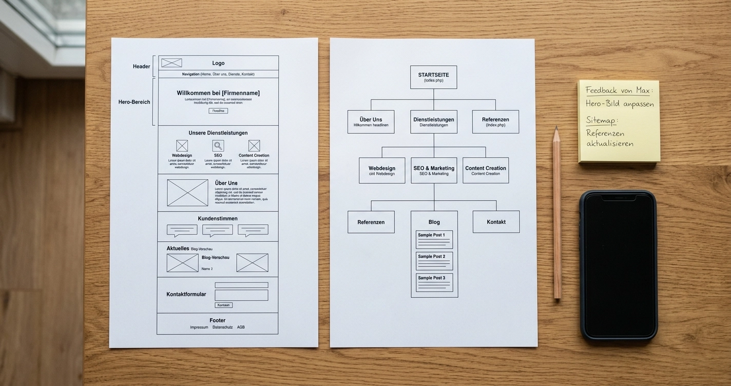 Flat-Lay Vergleich von One-Pager und mehrseitiger Website auf Papierb&ouml;gen und Laptop