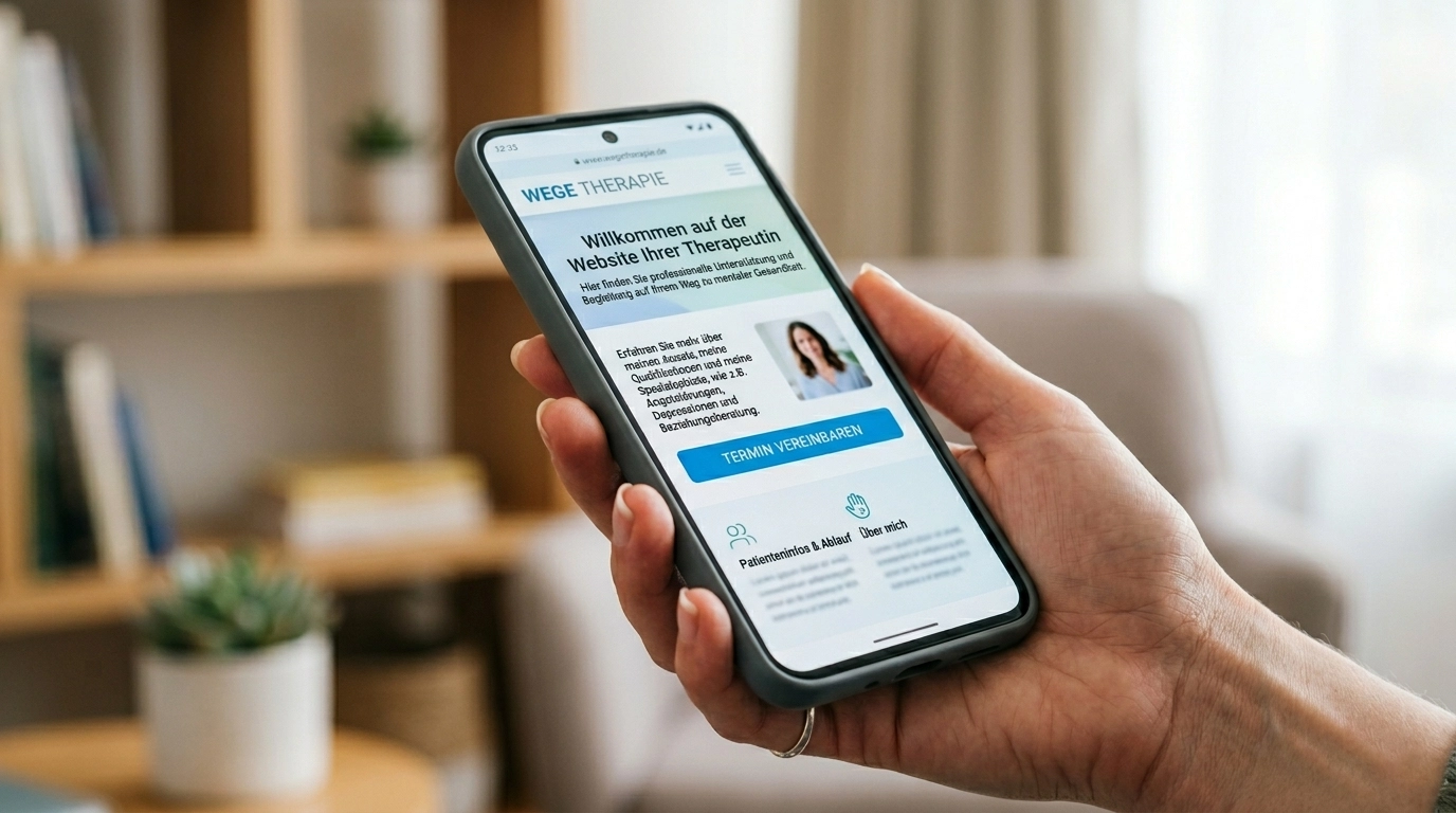 Moderne Therapeuten-Website auf einem Smartphone mit klarer Navigation und Terminbuchungs-Button