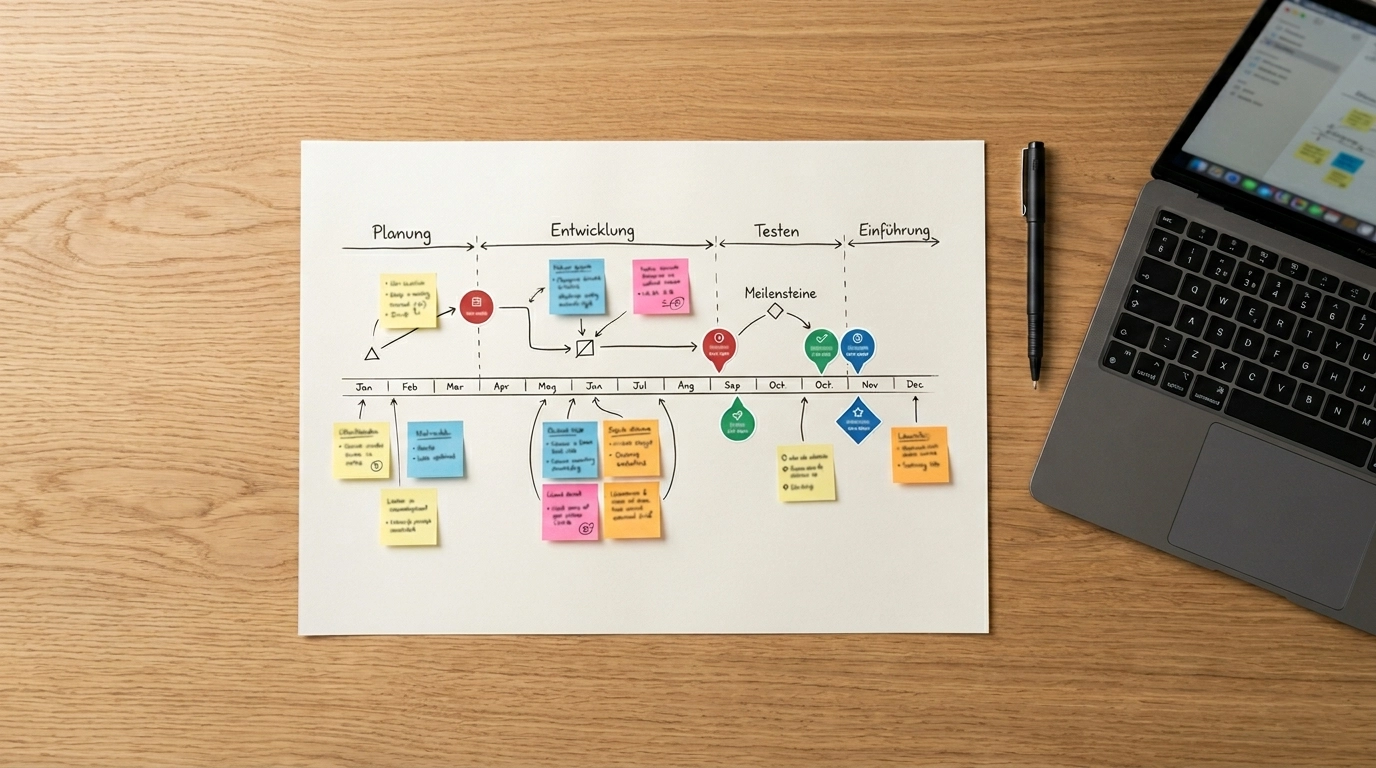 Strukturierter Projektplan f&uuml;r ein Webdesign-Projekt mit Meilensteinen und Abnahmen