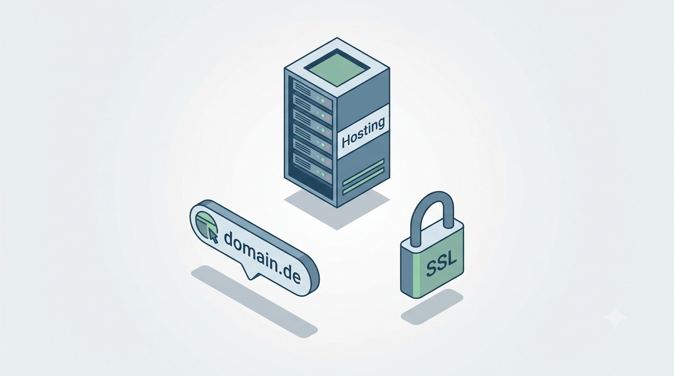 Isometrische Darstellung eines Servers, einer Domain-Adresse und eines Sicherheitsschlosses als Symbole f&uuml;r Hosting, Domain und SSL