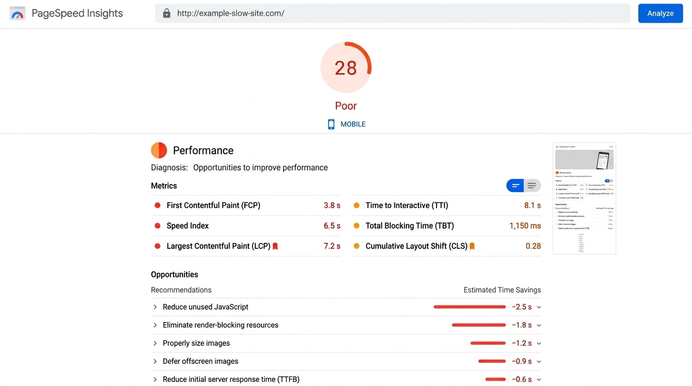 Google PageSpeed Insights Dashboard mit schlechter Mobile-Bewertung und Verbesserungshinweisen