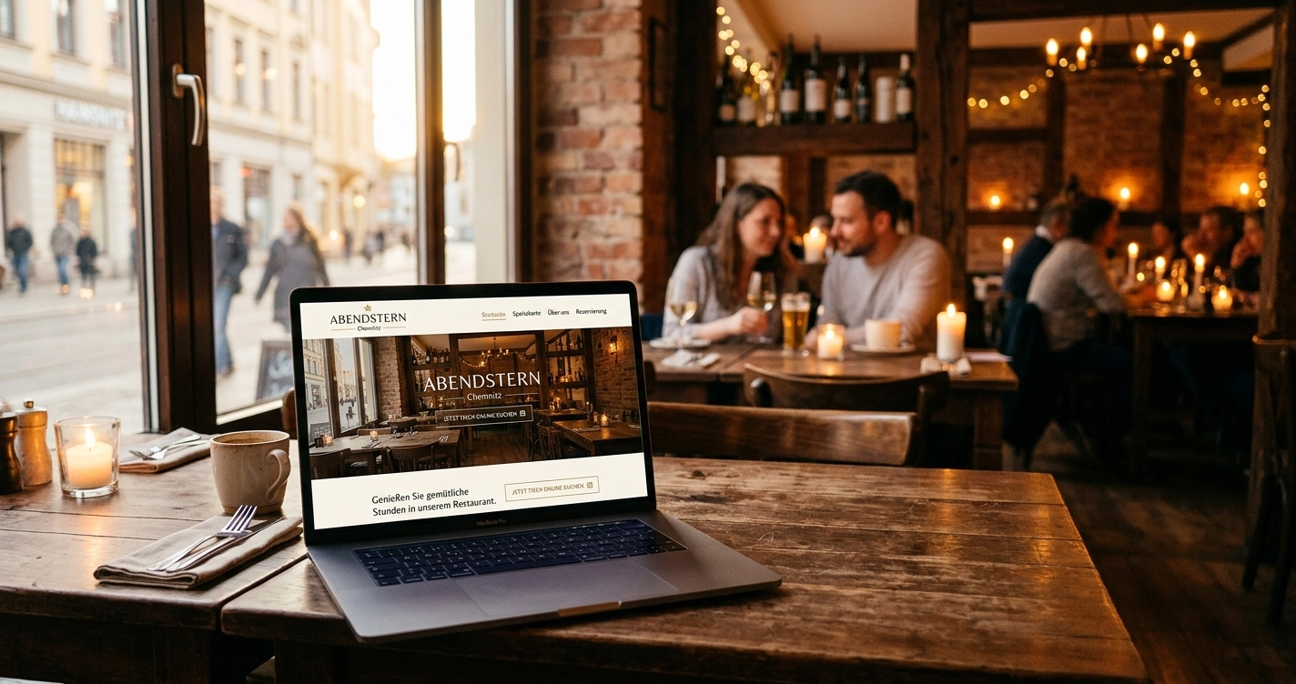 Ansprechende Restaurant-Website mit Men&uuml; und Reservierungsbutton auf einem Laptop
