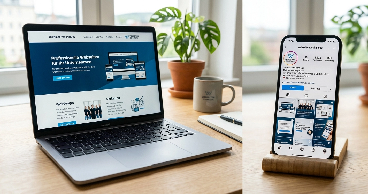 Gegenüberstellung Website auf Laptop und Instagram-Profil auf Smartphone