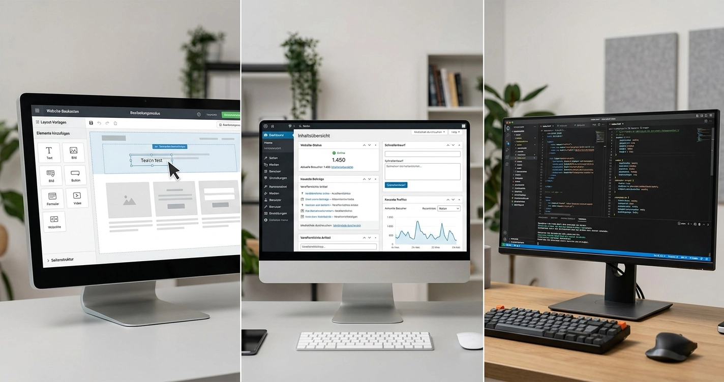 Split-Screen-Vergleich von WordPress, Baukastensystem und Individuall&ouml;sung auf drei Bildschirmen