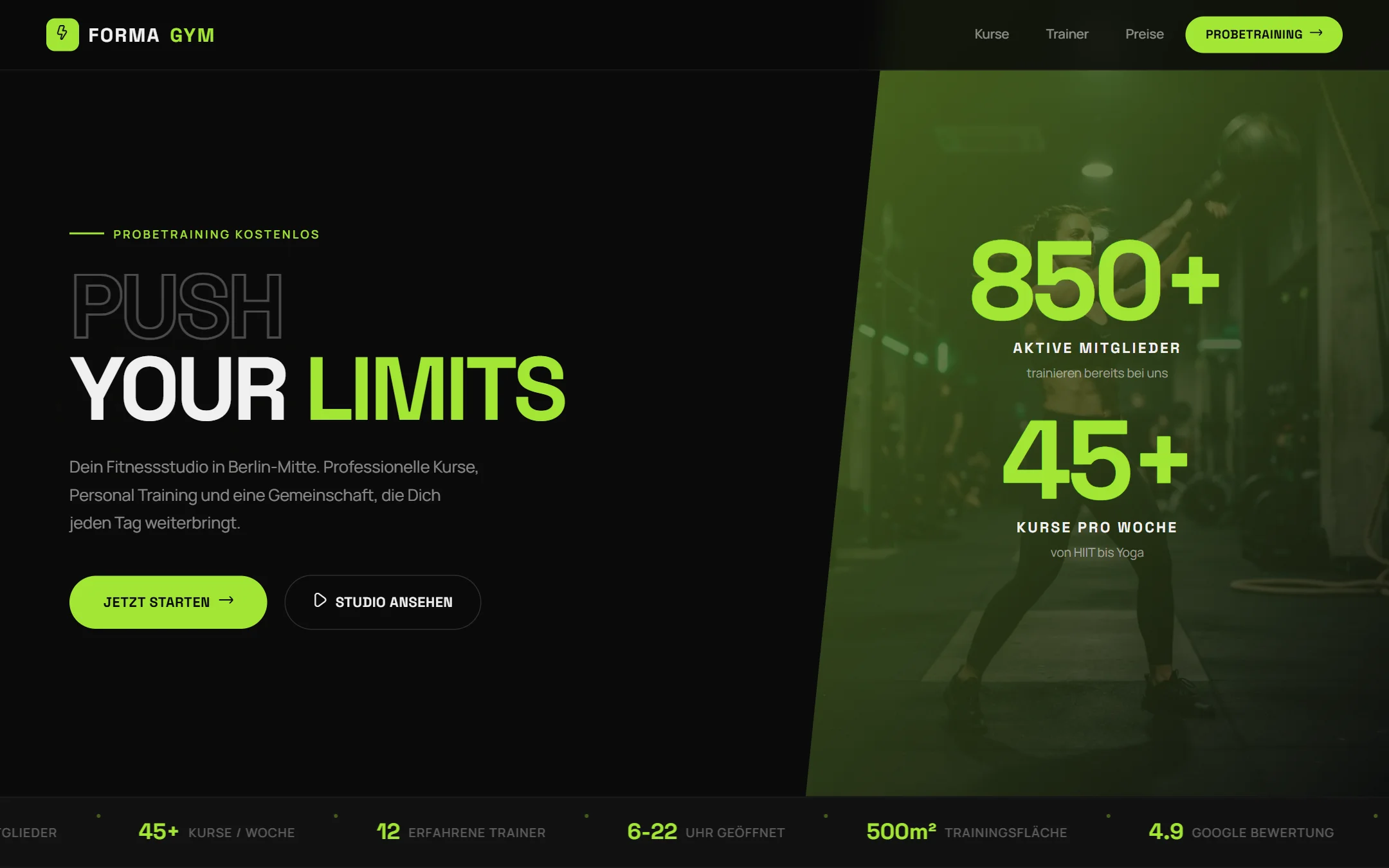 Website-Vorschau FORMA Gym Berlin, Fitnessstudio im Dark-Mode-Design